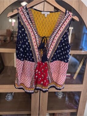 Patrons of Peace Boho Patchwork Tank Top Medium Tassel Tie Floral Festival